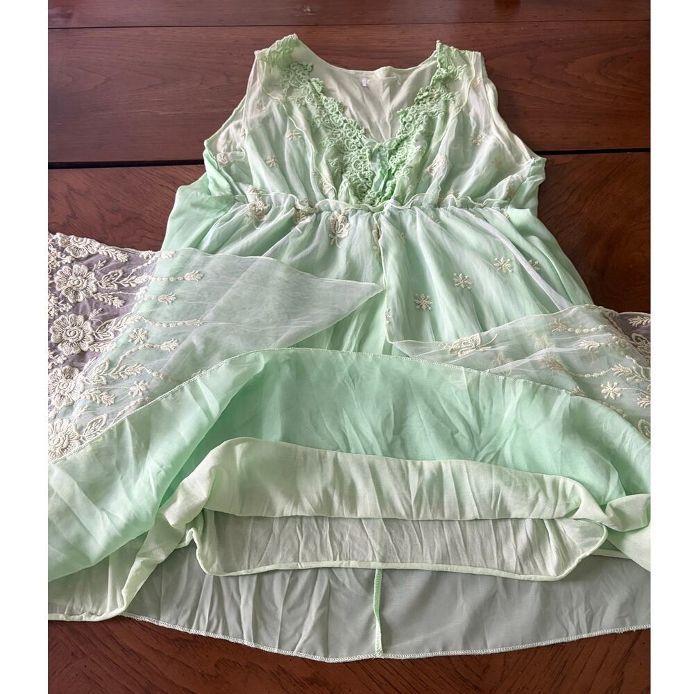 Pretty Angel Green Silk Chiffon Embroidered Fairy Boho Layered Dress Medium - Picture 6 of 12